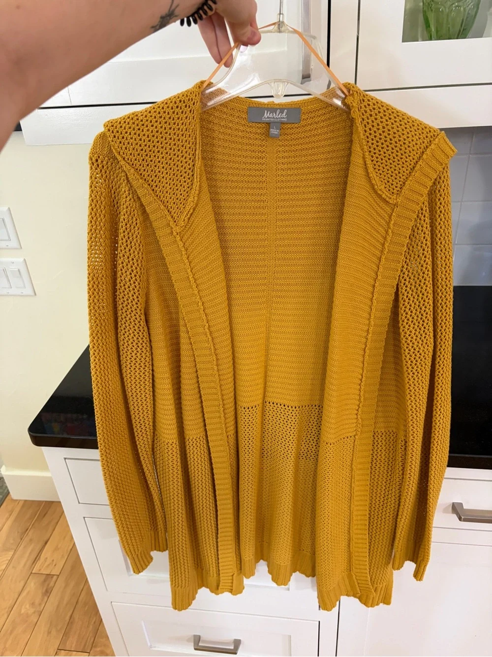 Market & Spruce Mustard Yellow Open-Front Knit Cardigan with Hood